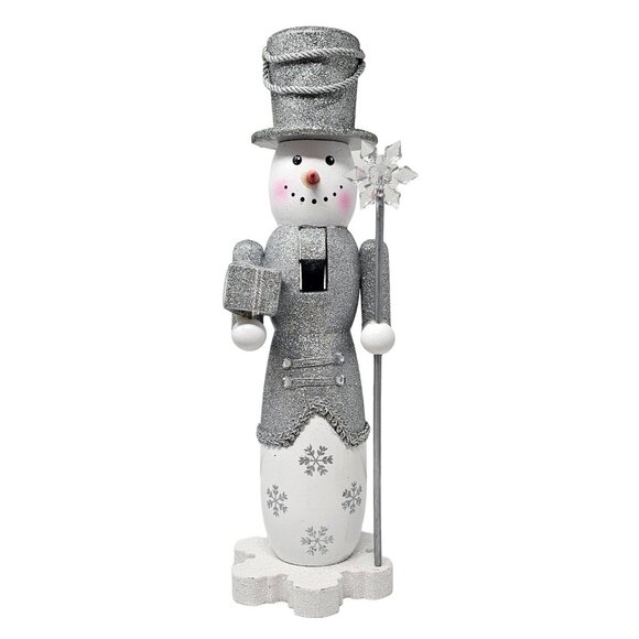 Silver and White Snowman 14" Christmas Wood Nutcracker - Picture 1 of 4